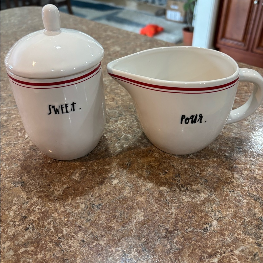 HTF set of Cream and Sugar pour and sweet script font retired red line series